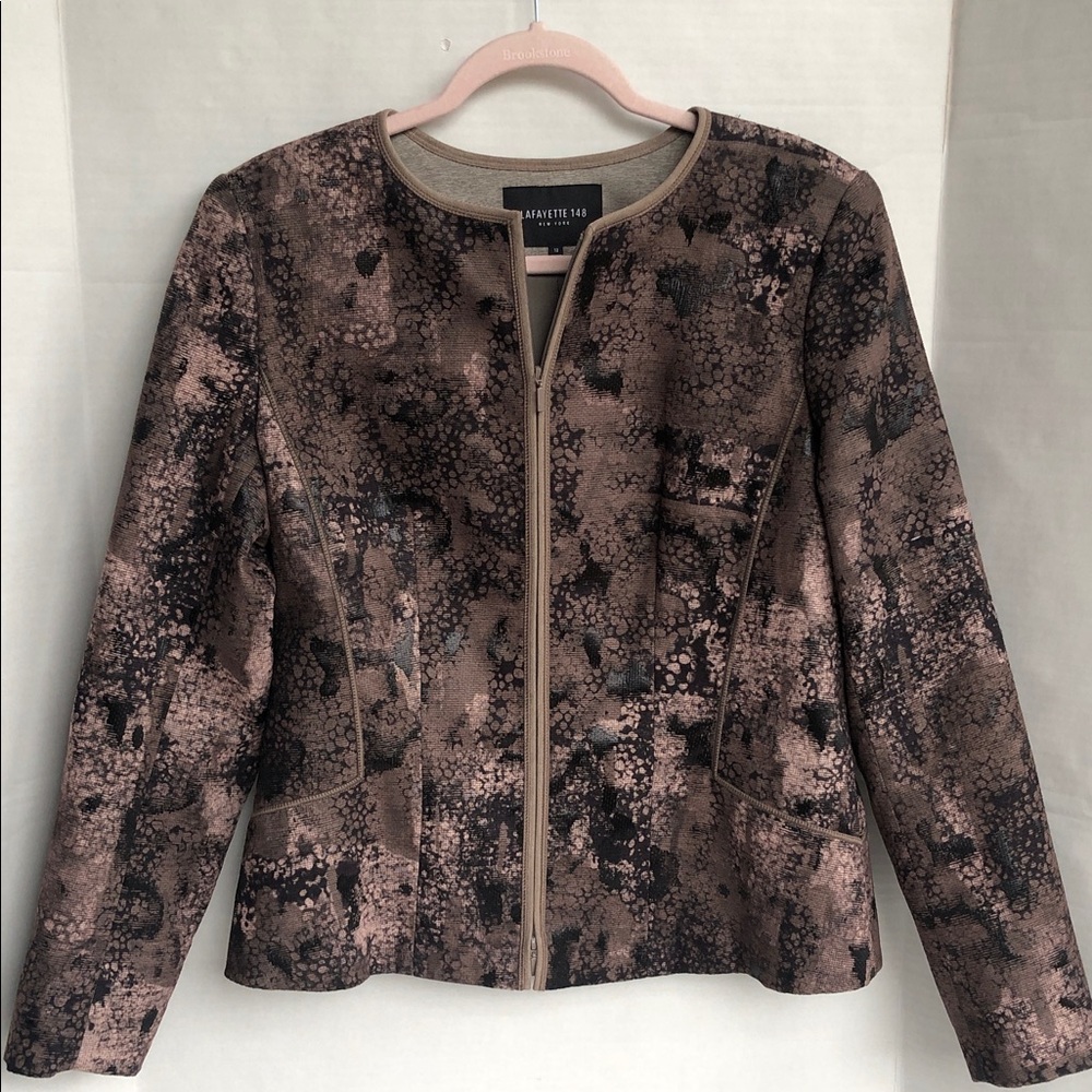 Lafayette 148 NY Zip-up Lady Jacket Brown/Black Abstract Print Size 12